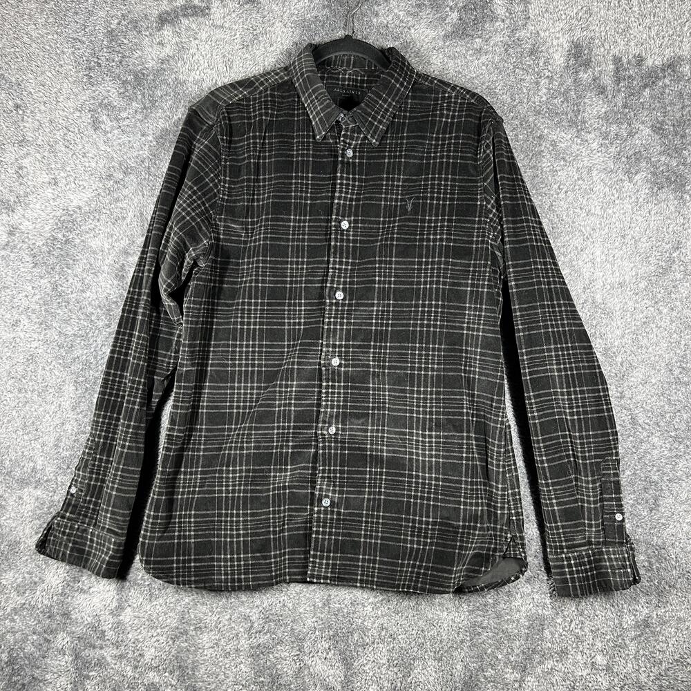 AllSaints Shirt Mens L Black Long Sleeve Button Up Flannel Cotton Stretch Casual